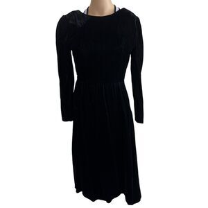 Petite Lanz Black Velvet Open Back Bow Long Sleeve Midi Dress Sz 6
